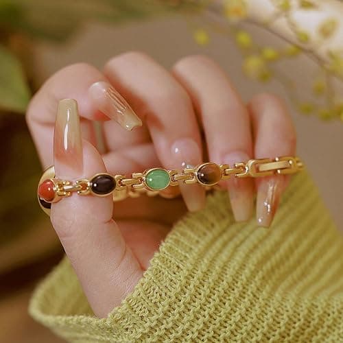 CARLIEN Womens Gold Petite Vintage Colorful Jade Crystals Beaded Waterproof Watch Small Pearl Oval Dial Arabic Numerals Fashion Bracelet Wrist Watch thumbnail 4