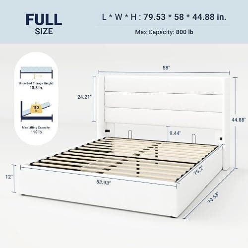 Allewie Full Size Velvet Lift Up Storage Bed, Modern Wingback Headboard, Hydraulic Support, No Box Spring Needed, White thumbnail 2