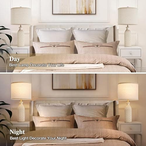 Ceramic Table Lamps Set of 2, Farmhouse 24.8" Bedside Lamps with 3-Color Temperature, Modern Nightstand Lamp Desk Reading Lamp with Fabric Drum Shade for Bedroom, Living Room, Office, 2 Bulbs Included thumbnail 5