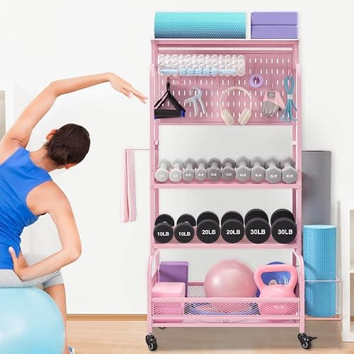 56'' Taller Home Gym Storage Organizer, Yoga Mat Storage Rack with Hanging Board, Exercise Workout Equipment Storage Stand for Home Gym, Dumbbell Holder Kettlebell Rack with Wheels and Hooks thumbnail 2