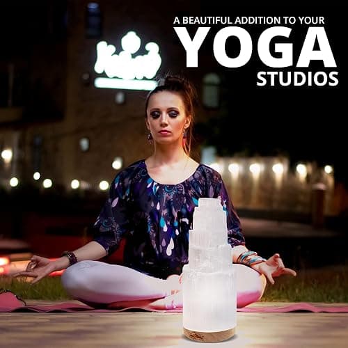 Himalayan Glow Selenite Crystal Lamp 20cm, Hand Curved Morocco |Skyscraper| Crystals and Healing Stones,(ETL Certified) with Wooden Base & USB Charging Cable For Healing Cleansing & Meditation thumbnail 7
