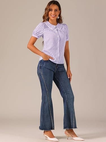 Allegra K Women's Summer Gingham Top Short Sleeve Button Down Peter Pan Collar Plaid Shirt thumbnail 3