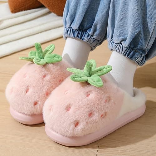 Zigihos Strawberry Fuzzy Friut Slippers for Women, Cute Fluffy Plush Warm House Couple Slippers, Winter thumbnail 2