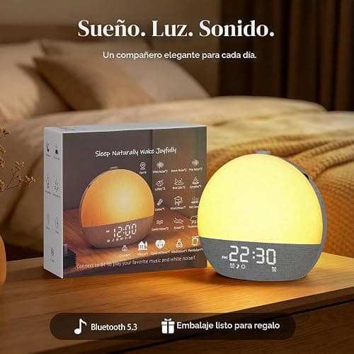Despertador Amanecer con Simulación de Amanecer y Atardecer, Bluetooth | Máquina de Ruido Blanco, 17 Modos de Iluminación, 30 Sonidos Relajantes, Luz Nocturna Regulable para Dormitorio thumbnail 7