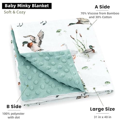 LifeTree Baby Blankets for Newborn, Soft & Lightweight Swaddle Blankets, Muslin Front and Dotted Fleece Backing Receiving Bed Blanket, 31X40 Inches, Baby Girl & Boy Blanket, Duck and Green thumbnail 3
