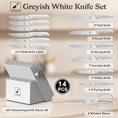 imarku Kitchen Knife Set, Japanese Knives Set For Kitchen, Stainless Steel Knife Set With Block, Kitchen Gadgets, White, Anti-Slip Handle, Dishwasher Safe thumbnail 5