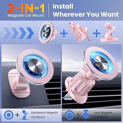 Coneclat for MagSafe Car Mount Magnetic Phone Holder for Car [2025 Upgraded 22X Magnets & Double-Hooks] Phone Holders for Your Car Stand for Dashboard Vent GPS for iPhone 17/16/15/14/13 Android-Pink thumbnail 2
