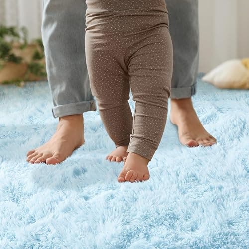 YJ.GWL Area Rugs for Living Room Bedroom, 4x6 Machine Washable Large Light Blue Carpet, Soft Fluffy Shaggy Thick Big Shag Indoor Floor Rug for Kids Boy and Girls Room Dorm Home Decor Aesthetic thumbnail 4