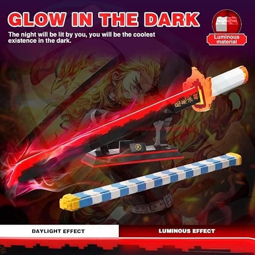 Jorumo Sword Building Set, 27in Rengoku Kyoujurou Sword with Scabbard and Stand, Cosplay Anime Toy Block for Collecting 790 Pieces, Luminous thumbnail 6