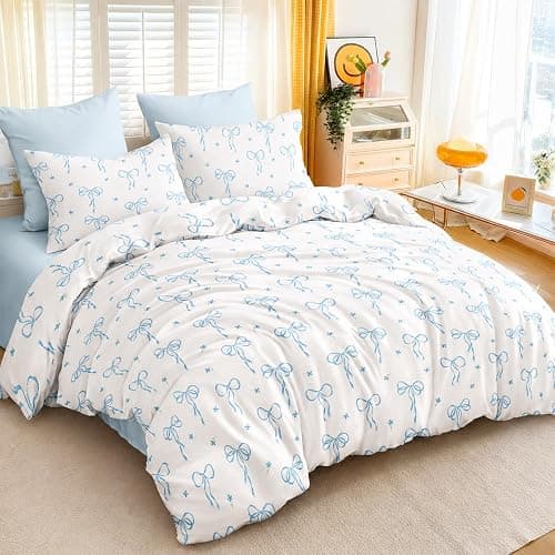 Bildenly Bow Queen Comforter Set Light Blue Bow 3 Pieces | Bedding Set, Soft & Lightweight Comforter(90‘’ x 90‘’) for Girl All Season & 2 Pillowcases(20‘’x30‘’) - Image 1