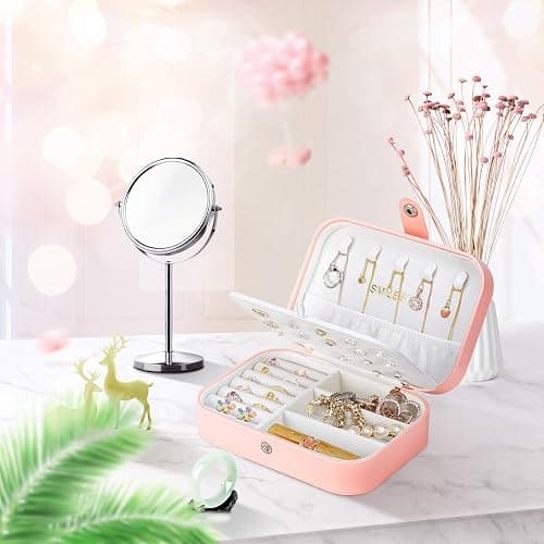 Smileshe Jewelry Box, PU Leather Small Portable Travel Case, 2 Layers Organizer Display Storage Holder Box for Rings, Earrings, Necklaces, Bracelets thumbnail 2