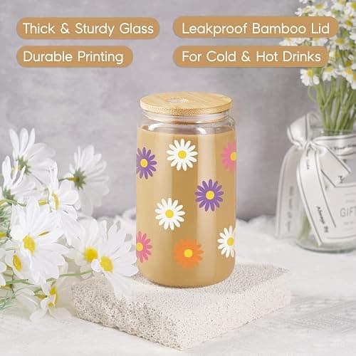 GSPY Daisy Aesthetic Gifts, Iced Coffee Cup, Cute Glass Cups with Lids and Straws - Cute Mugs, Flower Mug, Glass Tumbler - Retro, Christmas, Birthday Gifts for Women, Coffee Lovers, Friend, Girls, Mom thumbnail 3