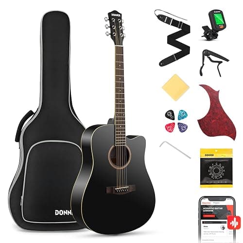 Donner Black Acoustic Guitar for Beginners, Adult, Teens, Starter Kits - Full Size 41'' Steel-String Acustica Guitarra Bundle Set with Free Online Lesson, Gig Bag, Strap, Tuner, Cutaway, DAG-1CB - Image 1