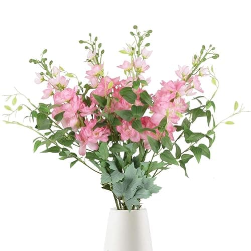 ICBOX 8PCS Pink Artificial Delphinium Flowers with Clematis Greenery Long Stem Artificial Flowers for Tall Vase for Home Wedding Floral Arrangement Centerpiece Table Decor (Pink) - Image 1