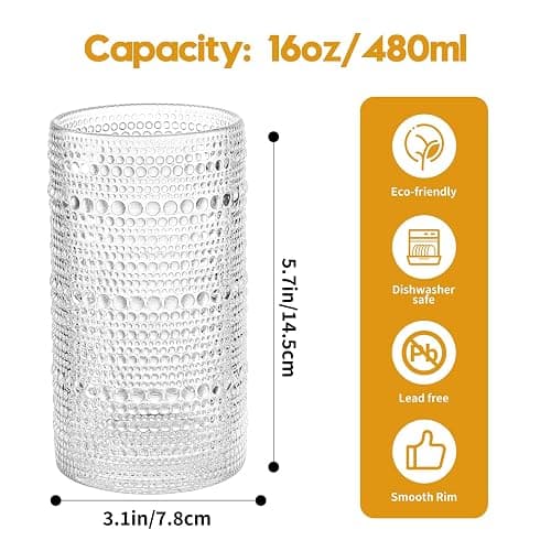 Akutaa Vintage Hobnail Drinking Glasses Set of 12, 16 oz Large Capacity Embossed Clear Tumblers, Highball Glasses for Water, Cocktail, Beer, Whiskey, Kitchen & Bar Use thumbnail 3