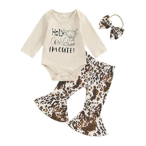 Chloefairy Western Baby Girl Fall Clothes Holy Cow I'm Cute Romper Bell Bottoms Flare Pants Set 3Pcs Infant Cowgirl Outfit - Image 1