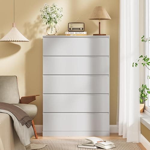 Dresser for Bedroom with 5 Drawers, 14.2" D x 31.5" W x 47.3" H, White | Modern Chest of Drawers with Hidden Drawer,Wood Storage Dresser, Storage Organizer for Living Room, Closet, Hallway thumbnail 6