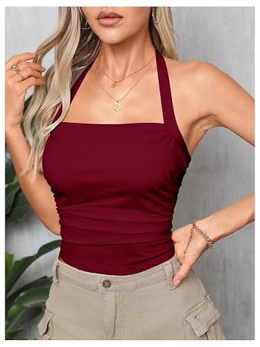 SOLY HUX Women's Ruched Halter Y2K Crop Tops Tie Back Sleeveless Slim Fit Cami Tops - X-Small - Solid Burgundy thumbnail 5