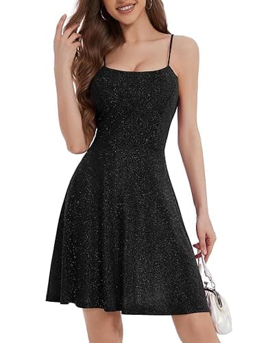 Bbonlinedress Spaghetti Straps Sparkly Homecoming Dress Fit and Flare Glitter Mini Swing Semi Formal Prom Party Club Dress - Medium - Black