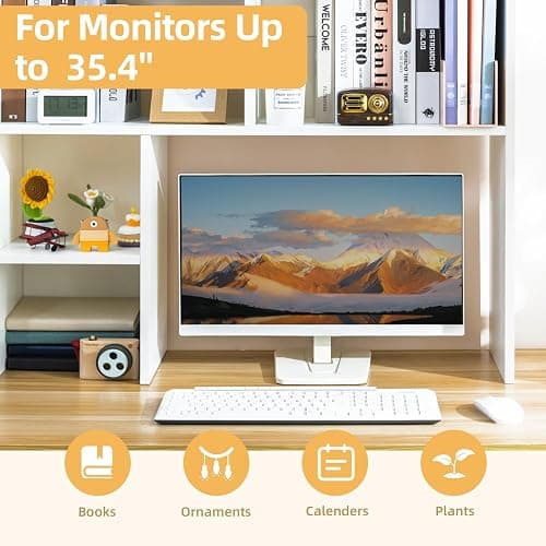 deli Desktop Shelf, Desk Hutch with 5 Shelves for Computer Desk, Desktop 3-Tier Display Rack, Multipurpose Wood Desktop Bookshelf Storage Organizer for Dorm Office Home, White thumbnail 6