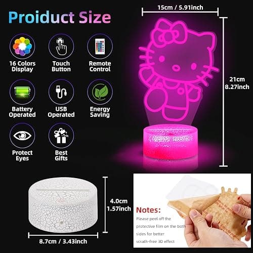 LOUHH Kitty Night Light, 3D LED 16 Color Intelligent Remote Control Lamp for Christmas Gifts Children's Room Decoration Holiday Gifts thumbnail 3