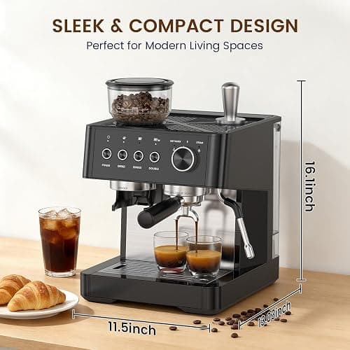 Kismile 20-Bar Espresso Machine with Grinder, Expresso Coffee Machines Coffee Maker with Grinder, Milk Frother/Steam Wand & Tamping Tools for Cappuccino & Latte thumbnail 2
