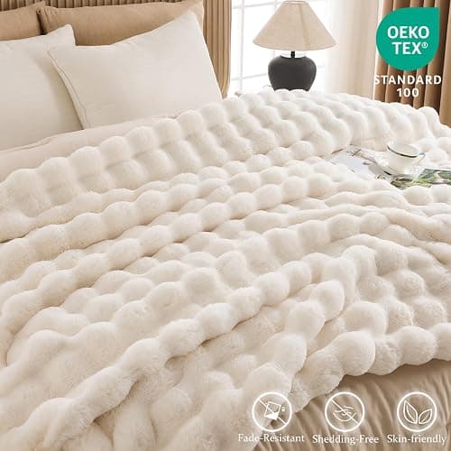 IKALIFE Cozy Faux Fur Throw Blanket for Couch-Warm Fuzzy Throw Blanket, Soft Plush Thick Bubble Blankets for Bedroom and Living Room, Furry Luxury Blanket, 50 x 60, Cream thumbnail 3