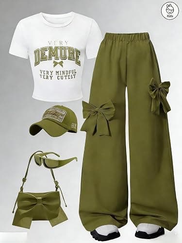 Zylvae Girls 2 Pieces Outfits Graphic Letter Print Crop Top & Bow Wide-Leg Pants Girl Clothes Set 8-13 thumbnail 5