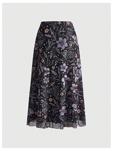 Milumia Women's Floral Mesh Midi Skirt Elastic High Waisted A Line Long Flowy Skirts thumbnail 2