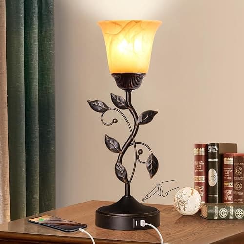 Touch Control Leaf Vintage Table Lamp with 3-Way Dimmable 2 USB C+A Ports | Bedside Nightstand Lamps, Amber Glass Shade Rural Leaf Lamp for Living Room Bedroom Dresser Home Decor, LED Bulb Included thumbnail 2