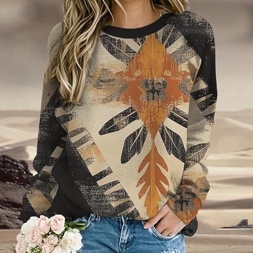 ZOCANIA Aztec Sweatshirt for Women Long Sleeve Cow Girls Outfits Womens Crewneck Loose Fit Women's Western Sweatshirts thumbnail 2