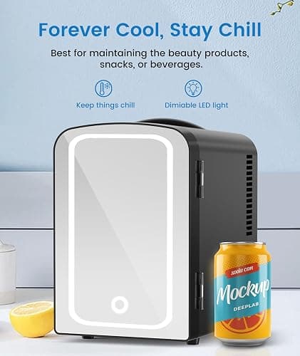 Electactic Skincare Fridge With Built-in LED Light Mirror, 4L Compact Mini Refrigerator AC/DC Portable 6 Can Small Cosmetics Cooler for Makeup, Beverage, Food, Bedroom, Office & Dorm, Black thumbnail 5
