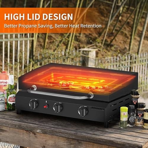 SKOK 23.3 Inch Flat Top Grill, Gas Griddle with Hood, Portable Tabletop Propane Gas Griddle Grill for Camping, Outdoor & Tailgating Barbecue, 45,000 BTU Output, 3 Burners thumbnail 4