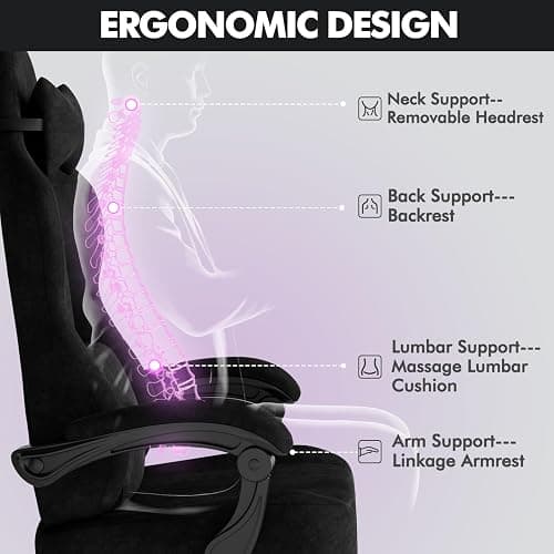 Soontrans Black Velvet Fabric Gaming Chairs with Footrest, Ergonomic Comfortable Video Gamer Chair, Reclining Office Computer Desk Game Chairs with Massage Lumbar Cushion,Headrest for Adult thumbnail 4
