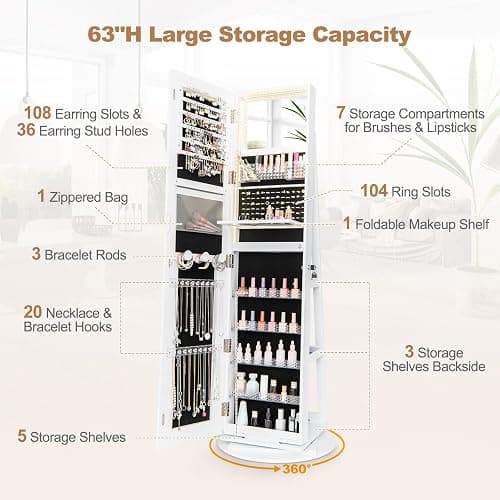 LOKO 360° Swivel Jewelry Cabinet with 3-color LED Lights, Lockable Jewelry Armoire Organizer with Full-Length Mirror, Makeup Mirror & Foldable Makeup Shelf, for Girl Women, Gift (White) thumbnail 8