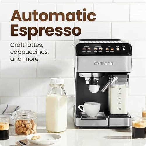 Chefman CaféMaster Pro Espresso Machine, Brew Single or Double Shots, Coffee Maker with Built-In Milk Frother for Cappuccino & Latte, XL 1.8 Liter Removable Water Reservoir - Stainless Steel thumbnail 3