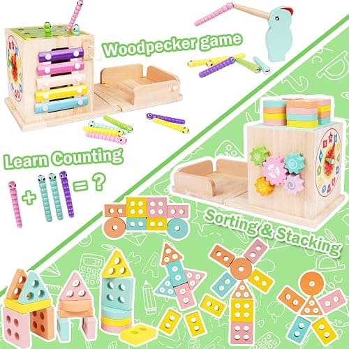 Montessori Jouet Bebe 1 an |9 en 1 Cube d'activités motrices dès 1 an |frapper la balle,Formes À Trier Empiler Jeu,Jouet de Récolte de Carottes,Jouet en Bois pour Cadeau Fille Garcon Bébés 2 3 4 Ans thumbnail 7