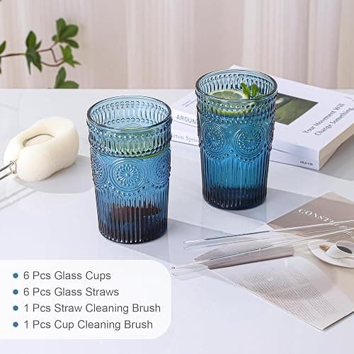 ZMOWIPDL Vintage Glassware Drinking Glasses Set of 6,13 oz Blue Textured Flower Design Glass Water Tumblers，Embossed Striped Drinkware for Water,Cocktails,Juice,Iced Coffee thumbnail 5