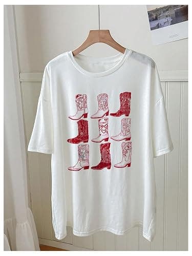 RoseSeek Women's Graphic Letter Tee Crew Neck Drop Shoulder Trendy Summer T Shirt Short Sleeve Vintage Car Print Top thumbnail 5