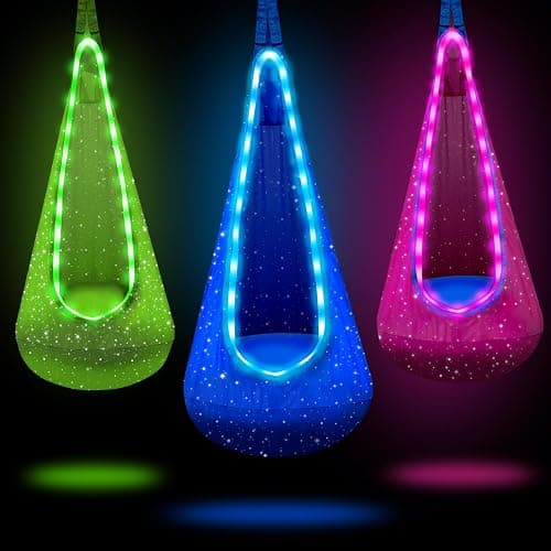 Light Up Kids Pod Swing Seat, Kids Hanging Hammock Swing Chair with LED Lights & Inflatable Pillow, Sensory Swing Pod Swing for Kids Indoor and Outdoor (Blue) - Image 1