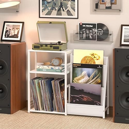 LELELINKY Record Player Table,Turntable Shelf with Vinyl Storage Up to 150 Albums,White Side Table with 3 Tier Magazine Periodical Book Rack,Wide Metal Record Holder Cabinet for Room Office - Natural White thumbnail 4