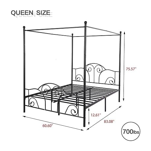 AUFANK Queen Size Four-Poster Metal Canopy Bed Frame with Headboard and Footboard Sturdy Slatted Structure No Box Spring Needed Black thumbnail 2