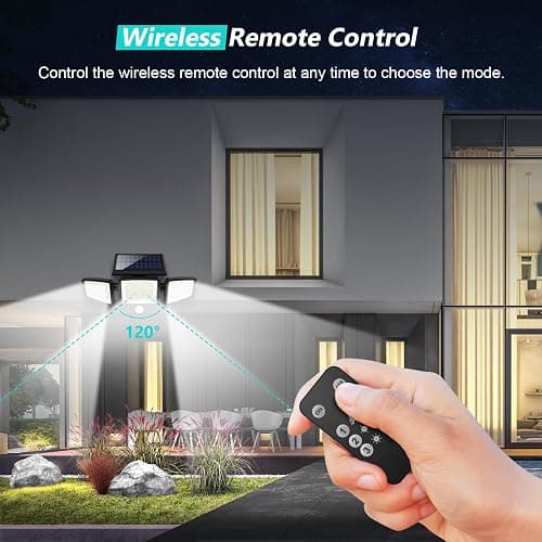 Tuffenough Solar Outdoor Lights 2500LM 210 LED Security Lights with Remote Control,3 Heads Motion Sensor Lights, IP65 Waterproof,270° Wide Angle Flood Wall Lights with 3 Modes(2 Packs) thumbnail 2