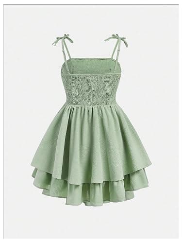 SHENHE Girl's Smocked Ruched A Line Swing Dress Layered Tie Shoulder Flowy Cami Short Dress thumbnail 3