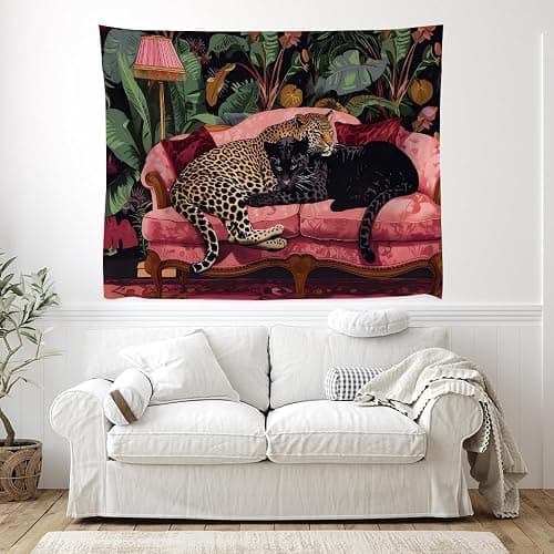 Maximalist Eclectic Cheetah Tapestry Wall Hanging Snuggly Leopard Panther In a Vintage Couch Prints Tapestries Leopard Bedroom Dorm Living Room Wall Decor 30x40inchwhite thumbnail 3