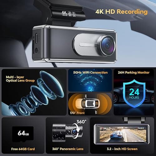 Csyibeielec Dash Cam Front and Rear - 4K HD Dual Dash Camera for Cars, Built-in 5G WiFi GPS, 64GB Card, Dashcam with 3.2" IPS Screen, UHD Night Vision, HDR, App Control, 24H Parking Monitor thumbnail 2