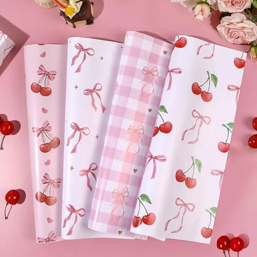Pineraap 12 Sheets Pink Bow Cherry Wrapping Paper, Bowknot Printed Gift Wrap Paper Decorative Craft Paper for Girls Women Birthday Wedding Baby Shower Coquette Party, 19.7 x 27.6 Inch thumbnail 9