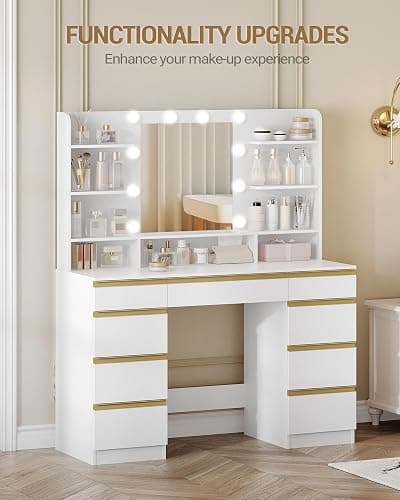 Hzuaneri 9 Drawers Vanity Desk with LED Light, Dressing Table with Large HD Mirror, 9 Open Storage Spaces Makeup Vanity for Bedroom, 3 Color Bulbs, White Gold DT35703XCA thumbnail 6