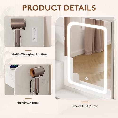 LIVELYGLOW 24" White Small Vanity Set with Lighted Mirror & Storage Stool | Smart LED Mirror, Charging Station, Hairdryer Rack, Space-Saving thumbnail 6