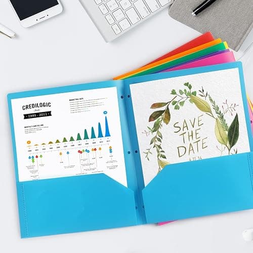 Tamaki Plastic File Folders with Pockets, 3 Hole, Multicolor, 8 Pack | Durable Heavy Duty Colored Folders for School for School Office thumbnail 2